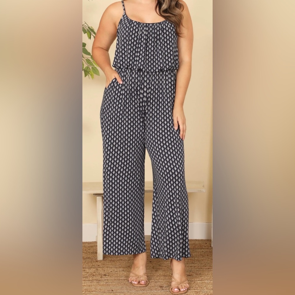 Kaileigh Navy White Geometric Sleeveless Pocketed Jumpsuit Medium NWT